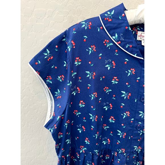 LANZ OF SALZBURG  Blue Cherry Print Cotton Dress Cottagecore Retro Style | XL - Picture 3 of 8